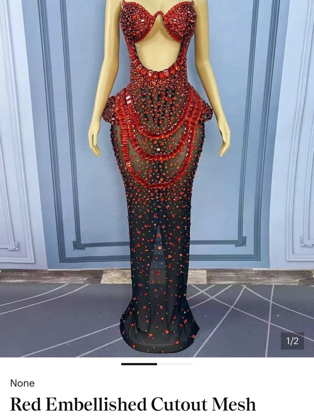 Red Embellished Cutout Mesh Dress